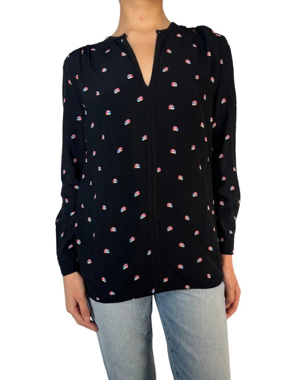 NWOT Bimba y Lola Black Viscose Novelty Cake Print Blouse M